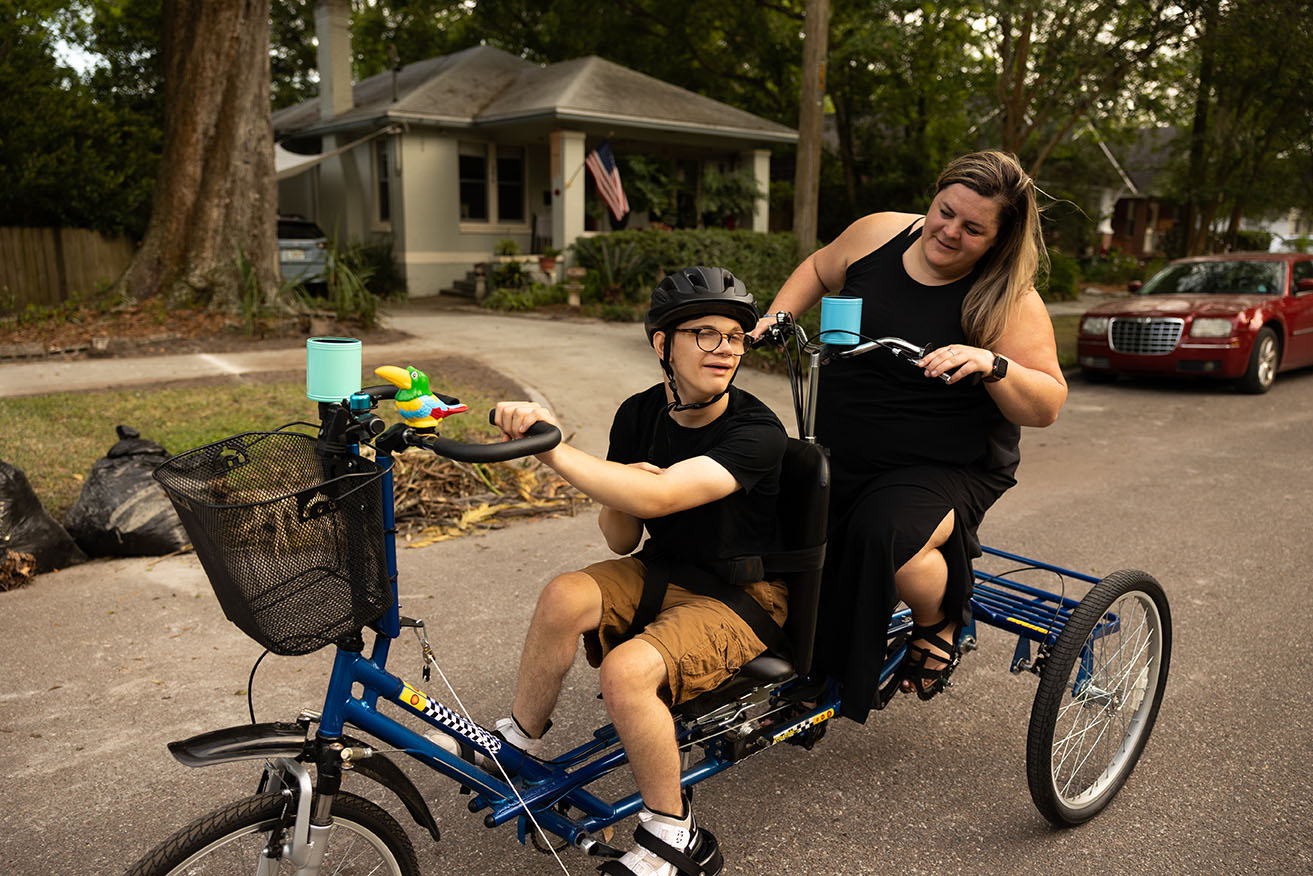 Mother and Son on a Tandem Bicycle