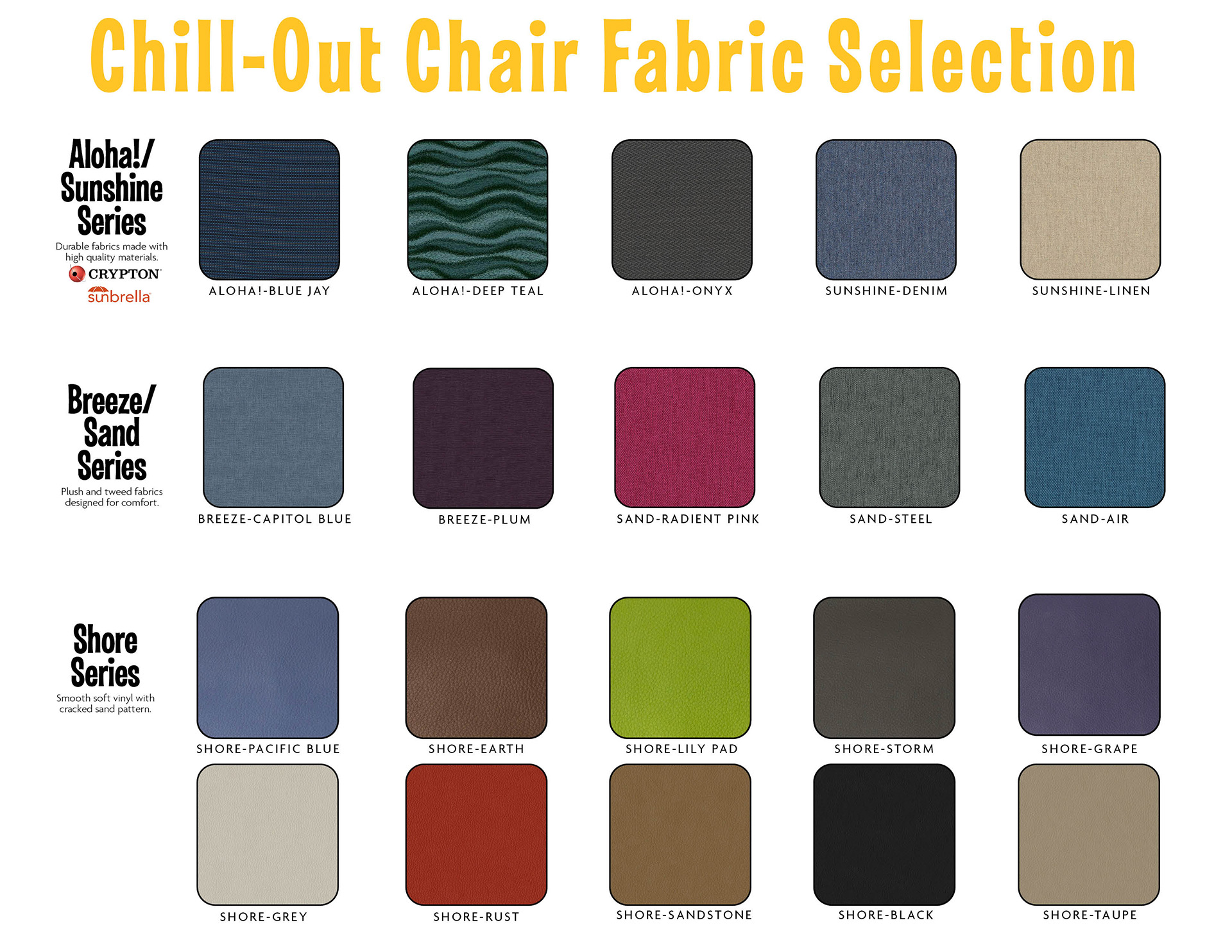 Chill-Out Chair Adaptive Seat Fabric Options