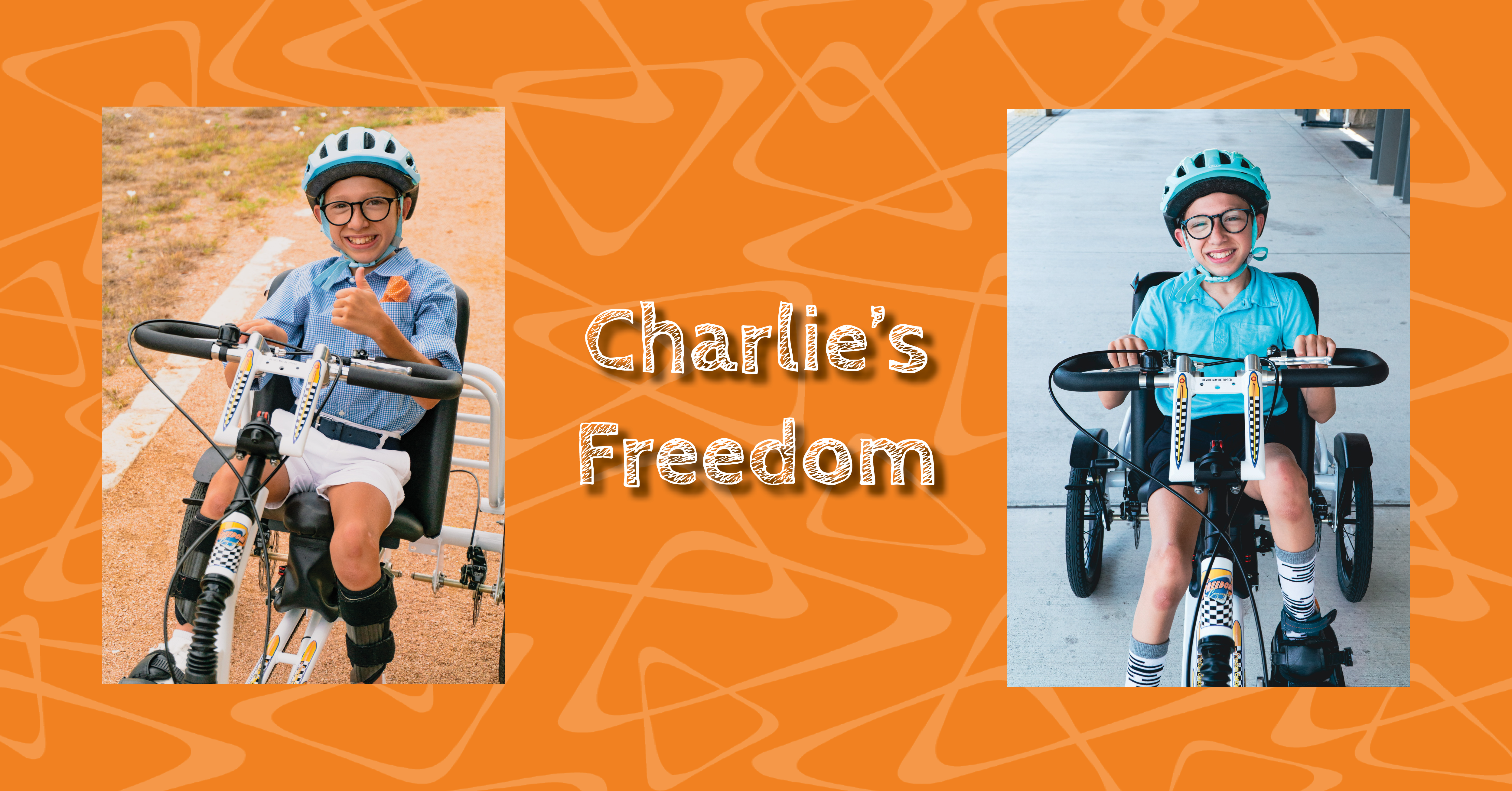 A banner with two photos of Charlie on his bike.